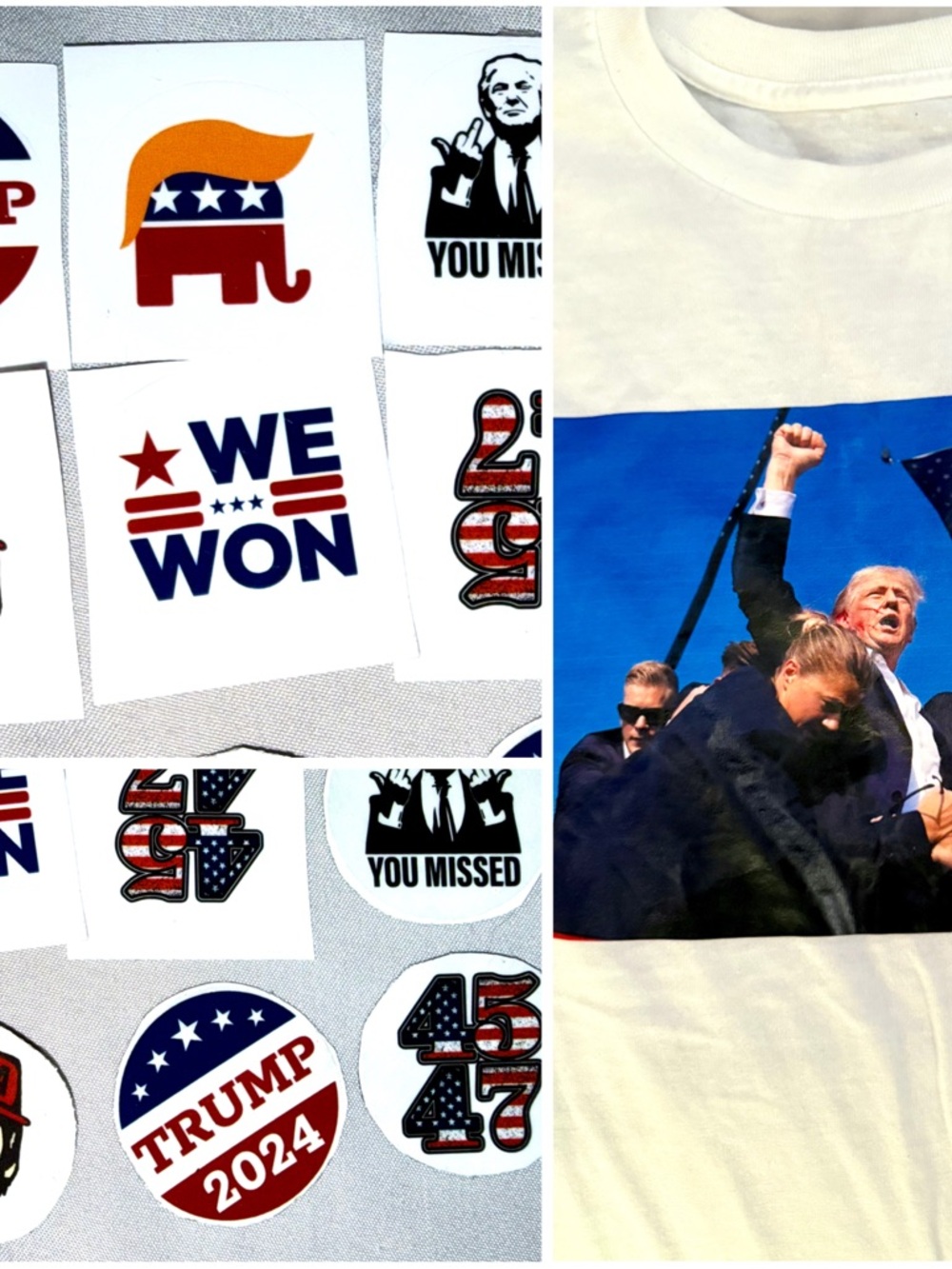 14 lot President Donald Trump Fight MAGA T-Shirt 6 Sticker 6 fridge Magnet +Book